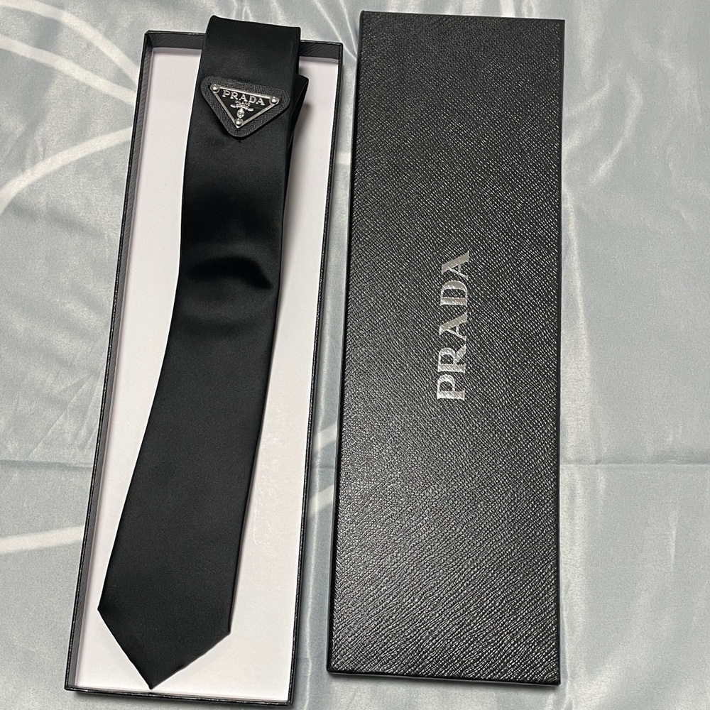 Prada Black Satin Tie with Silver Triangle Plaque